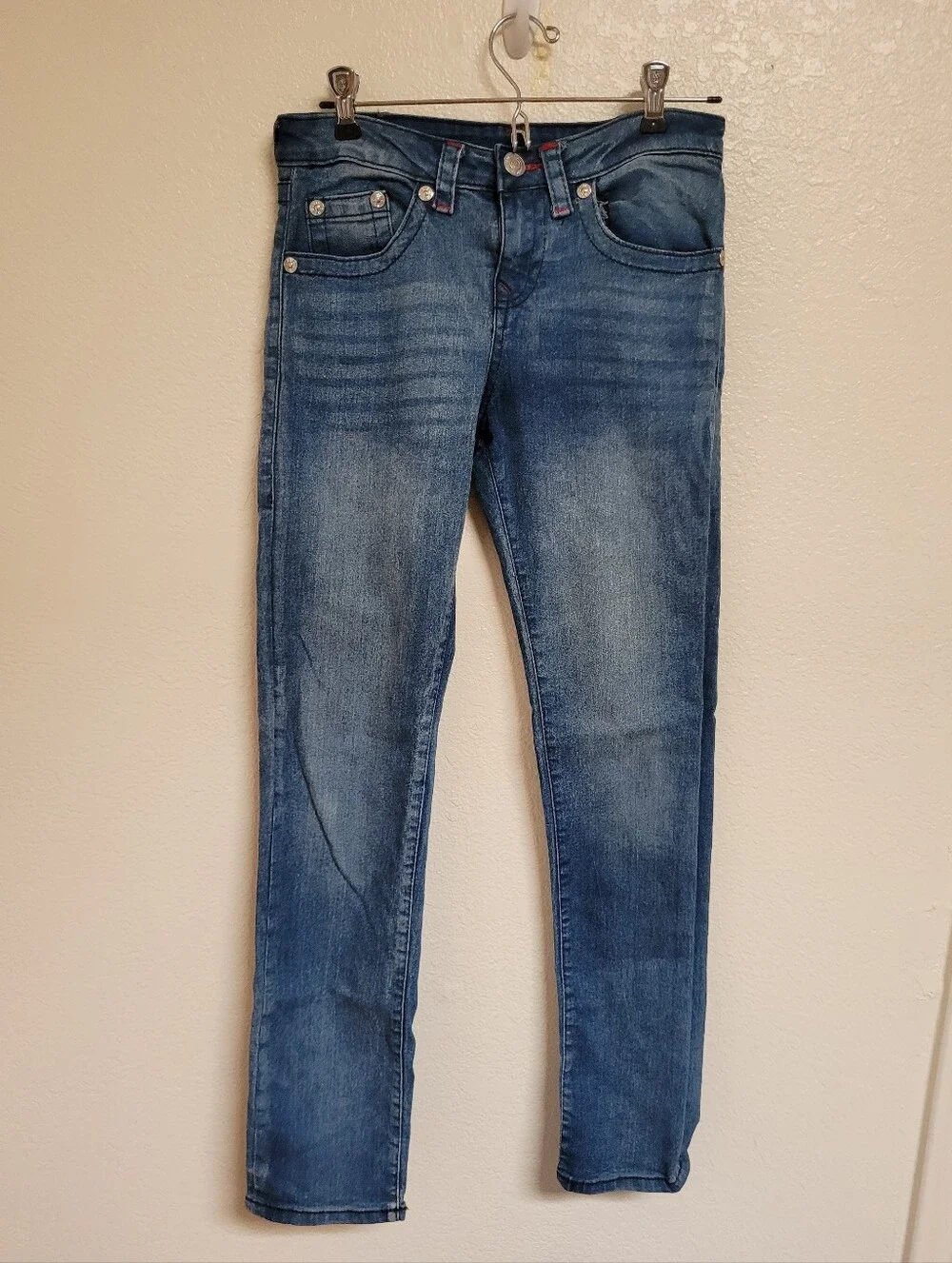 Boys True Religion Geno Slim Blue Jeans With Red Stitching